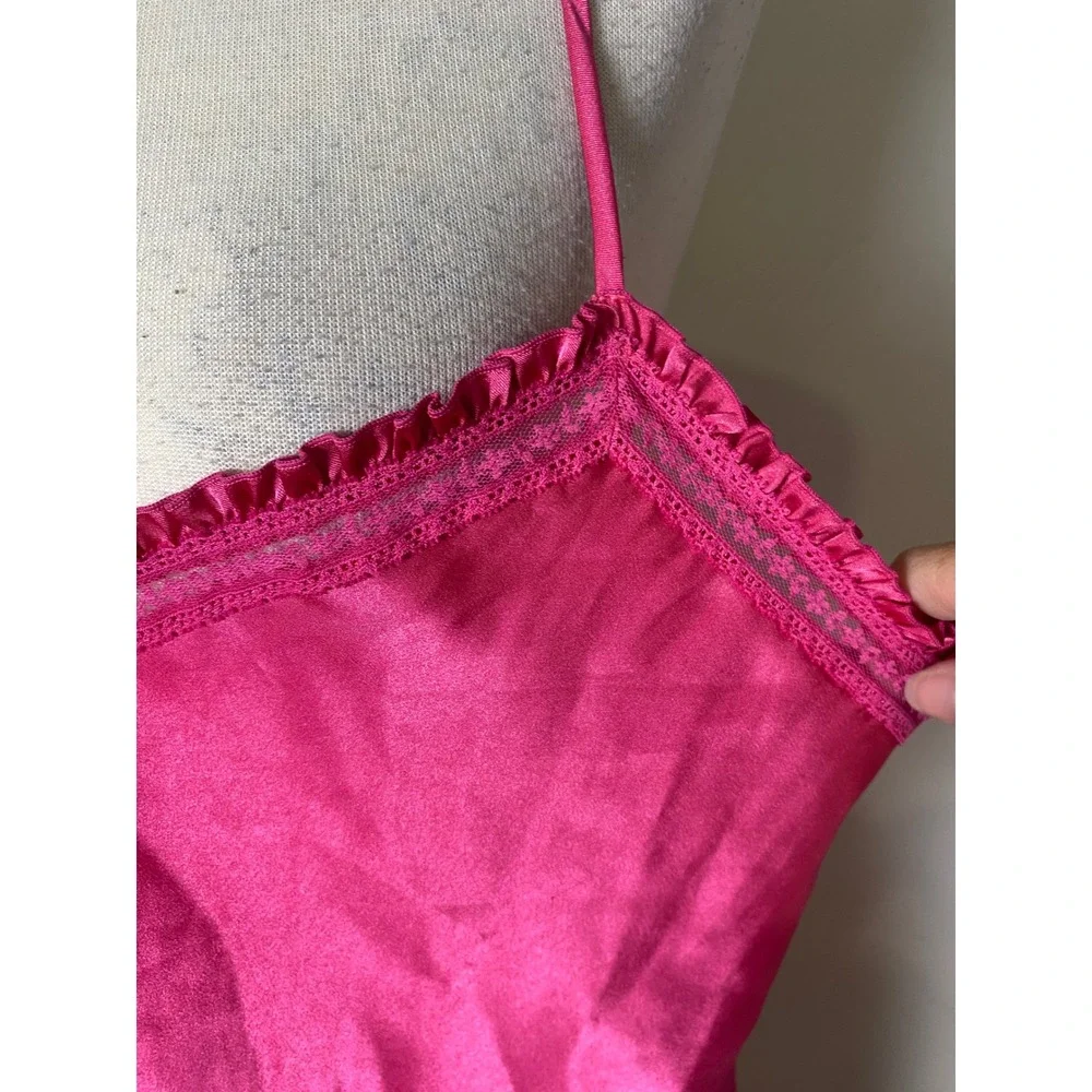 Morgan Taylor Intimates Hot Pink Satin Lace Trim Nightgown Y2K Chemise Large